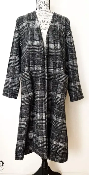 PLST 플라스테 코디 가디건 롱 코트 노카라 그레이 체크 M-L