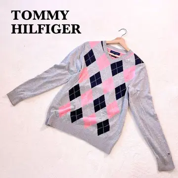 타미힐피거 아가일 V넥 스웨터 S 프리미엄 코튼 그레이