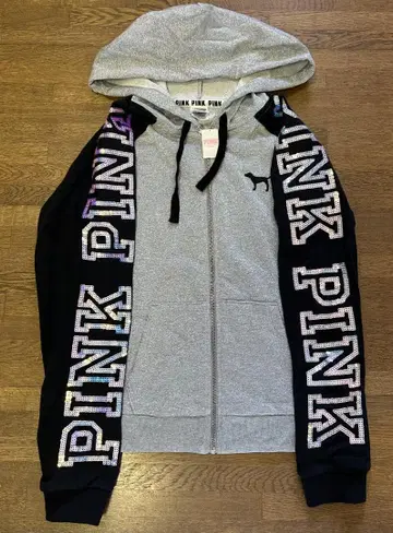 PINK 후드 부착 지퍼 후드티 그레이/블랙