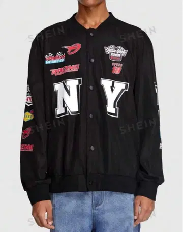 NY 프린트 바시티 자켓 블랙
