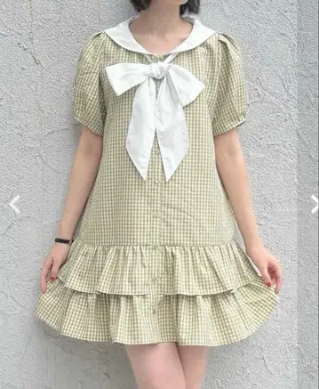 F i.n.t 로우웨스트 세일러 체크 셔츠 원피스 라이트 그린