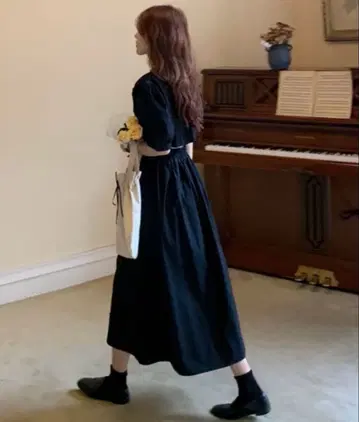 블랙 퍼프 슬리브 맥시 드레스 슬릿 원피스