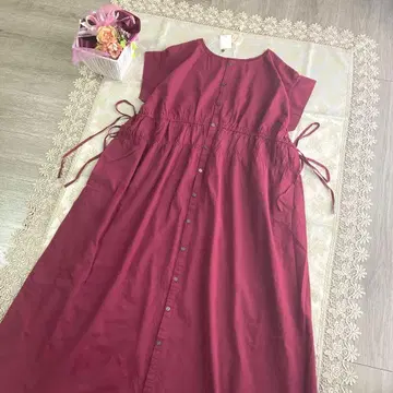 사만사 모스모스 새상품 리본 린넨 전후 착용 셔링 원피스 빨간색 계열