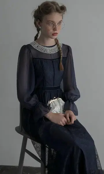 BONLECILL noir 캔디 슬리브 플라워 레이스 드레스