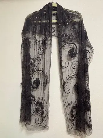 자수 장식 블랙 시스루 스톨