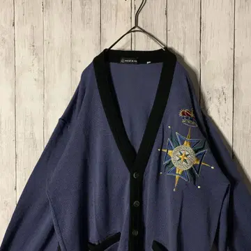 일본제 구제 의류 가디건 자수 로고 네이비 바이컬러 와이드 소매 빅 루즈