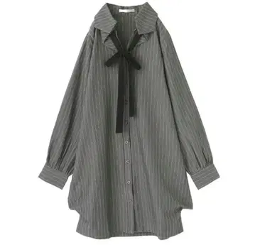 오샤레 워커 타이 스트라이프 롱 셔츠