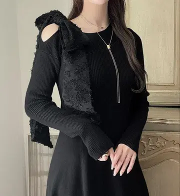 택 포함 미사용 Meiru 숄더 리본 아지메 니트 플레어 원피스 M