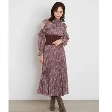 SNIDEL 허리 리브 플레어 슬리브 플리츠 원피스 복대 원피스