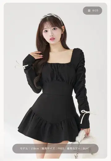 다리치 스퀘어넥 개더 미니 원피스 BLK FL