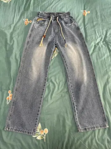 그레이 스트레이트 데님 팬츠 허리밴딩