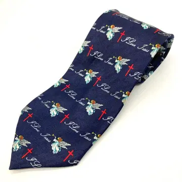 빈티지 넥타이 아이러브지저스 엔젤 천사 구제 의류 올 패턴 네이비