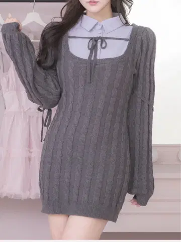 pium 레이어드 케이블 니트 원피스 차콜 완판템 새상품