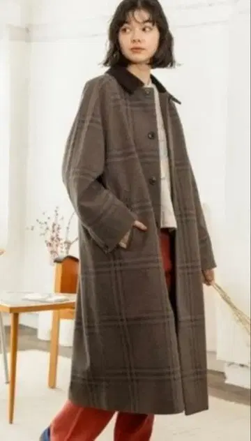 체크 무늬 롱 코트 울 혼방