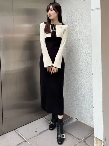 3WAY 배색 스트랩 백 크로스 롱 슬리브 원피스