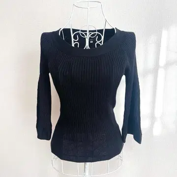 INED 이네드 리브 블랙 5부 소매 니트 9호/M 울 마크 여성용