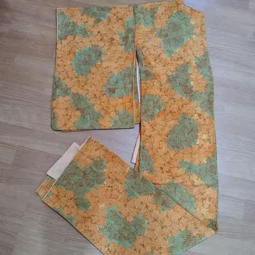 오렌지와 그린 꽃무늬 코몬 기모노 순수 실크