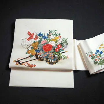 리사이클 순수 실크 염색 나고야 오비 시오제 가을 풀꽃 수레