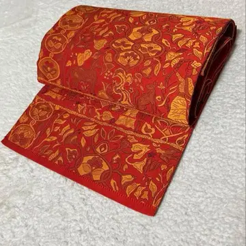 나고야 오비 빨간색 주황색 페이즐리 무늬 인물 새 무늬 NO.124