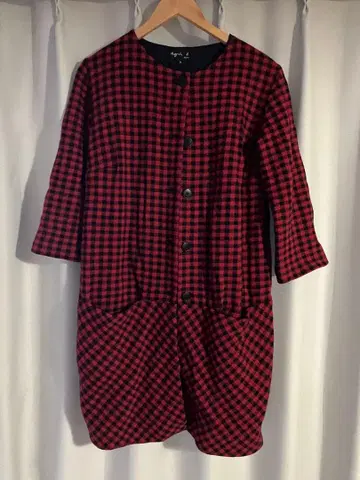 에네스베 사이즈 3 빨간색 체크 노카라 자켓