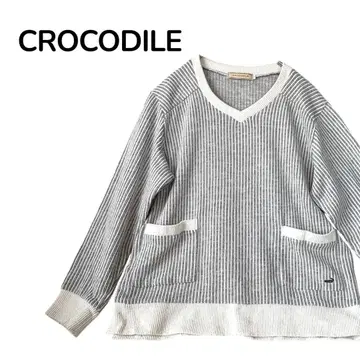 CROCODILE 스트라이프 V넥 니트 몰 리브 그레이