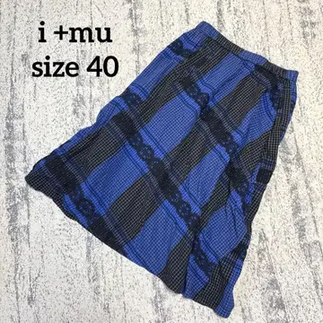 [임] 플레어 스커트 체크 레이스 꽃무늬 파랑 블랙 40 L 허리밴딩