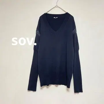 sov. 서브 소매산 절개 니트 네이비 V넥 실크 혼방 여성용