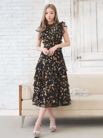 SETTAN 프릴 장식 블랙 보라색 꽃무늬 미디 드레스