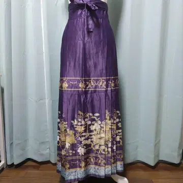 보라색 중화풍 새틴 꽃무늬 롱 랩 스커트