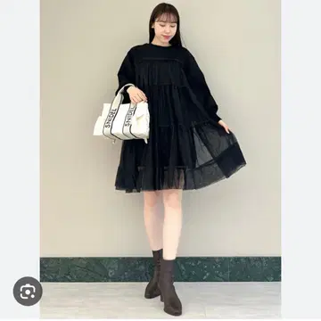 SNIDEL 튤 레이어드 맨투맨 원피스 블랙