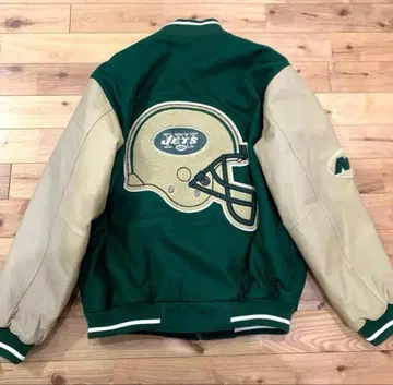 NFL 뉴욕 제츠 자수 로고 바시티 자켓 소매 가죽