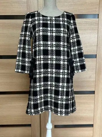 새상품급, 체크 무늬 (화이트 블랙) 원피스 7부 소매