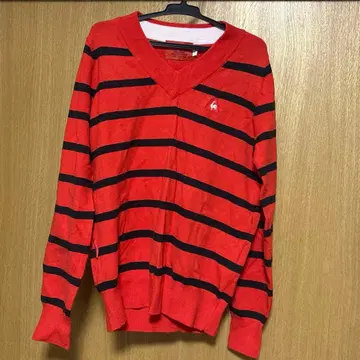 르꼬끄 스포르티브 골프 빨간색과 검은색 스트라이프 V넥 니트 스웨터 M