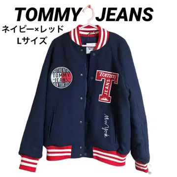 레어 TOMMY JEANS 바시티 자켓 양면 프린트 L 네이비 x 레드