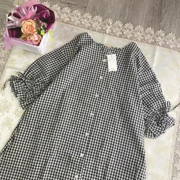 사만사 모스모스 깅엄 체크 캔디 슬리브 리본 린넨 원피스