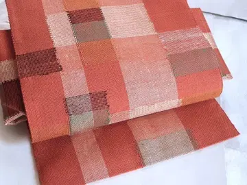 미사용  팔촌 나고야 오비 (격자 문양) 길이 370 순수 실크 새상품급