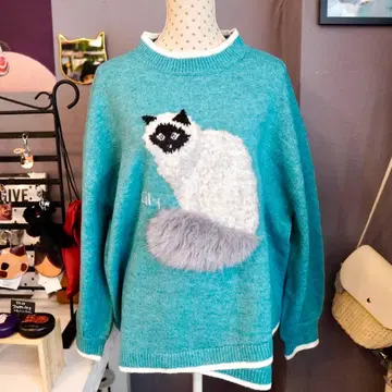 자카드 편직 고양이 퍼 크로스 배색 니트 풀오버 블루그린 고양이