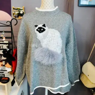 자카드 편직 고양이 퍼 크로스 배색 니트 풀오버 목그레이 고양이