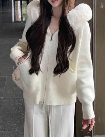 SHEIN 아이보리 후드 부착 니트 스웨터 가디건 퍼 후드티