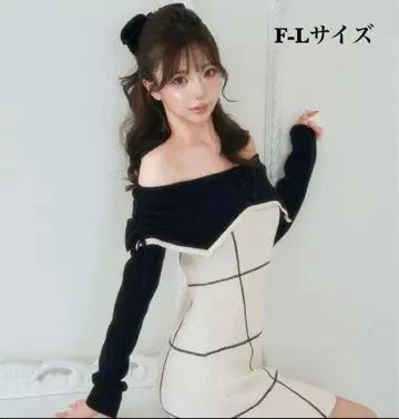 Darich 오프숄더 레이스업 리본 니트 미니 원피스 F-L 사이즈