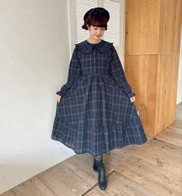 M 사이즈 시마무라 체크 무늬 원피스 아오키 미사코 다크 그린 시마미사