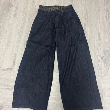 카모 패턴 허리 밴딩 다크 데님 와이드 팬츠