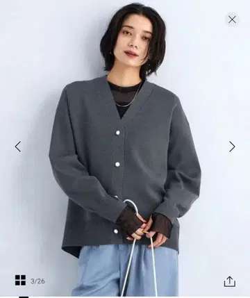 W/AC 퍼프 니트 V넥 가디건 그린 라벨 그레이