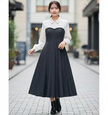 아스트리아오디르 원피스 롱 스트라이프 A라인 이소재 긴팔 M