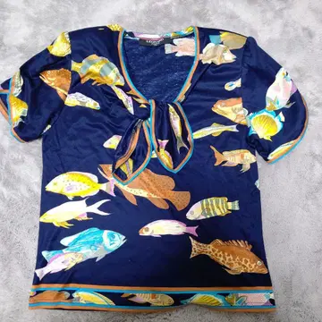 LEONARD 물고기 패턴 네이비 반팔 티셔츠