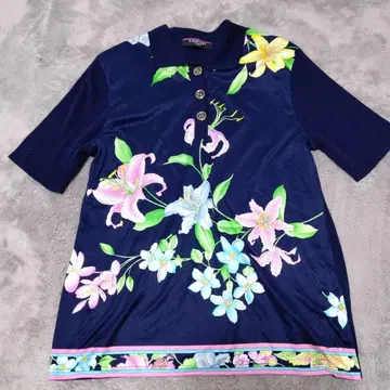 LEONARD 꽃무늬 피케 셔츠 반팔 네이비