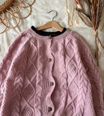 빈티지 쇼와 레트로 구제 의류 핑크 케이블 짜임 니트 가디건