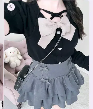 BunnyLis 3단 티어드 레이스 리본 스커트 그레이