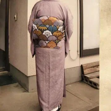 기모노 다회 이로무지 연보라 계열 소국 패턴 부채 자수