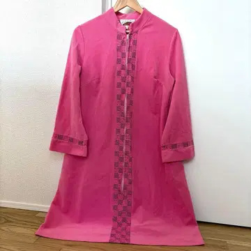 70s 플리스 원피스 핑크 자수 빈티지